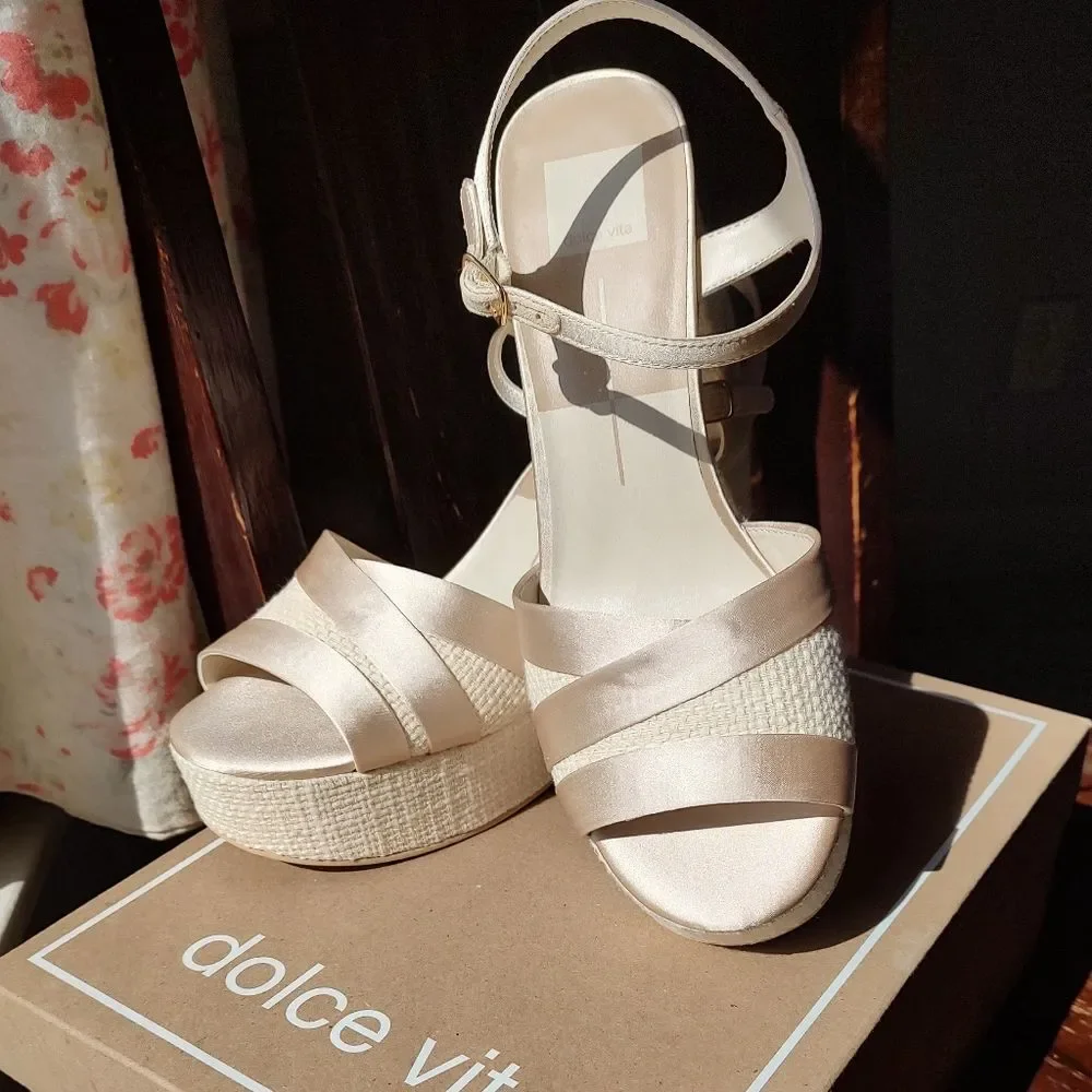 Dolce Vita Bailey Cream Satin Platform Sandals Raffia Block Heel Ankle Strap10